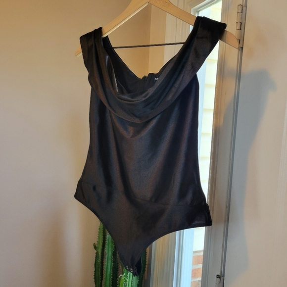 Express Off The Shoulder Black One-Piece Bodysuit, Size XS Shiny Satin Sexy - Picture 2 of 9